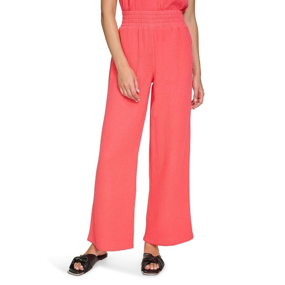 NWT DKNY Pull On Gauze Cotton Coral Wide Leg Pants~Pockets~Beach Coral~XL - Picture 2 of 10